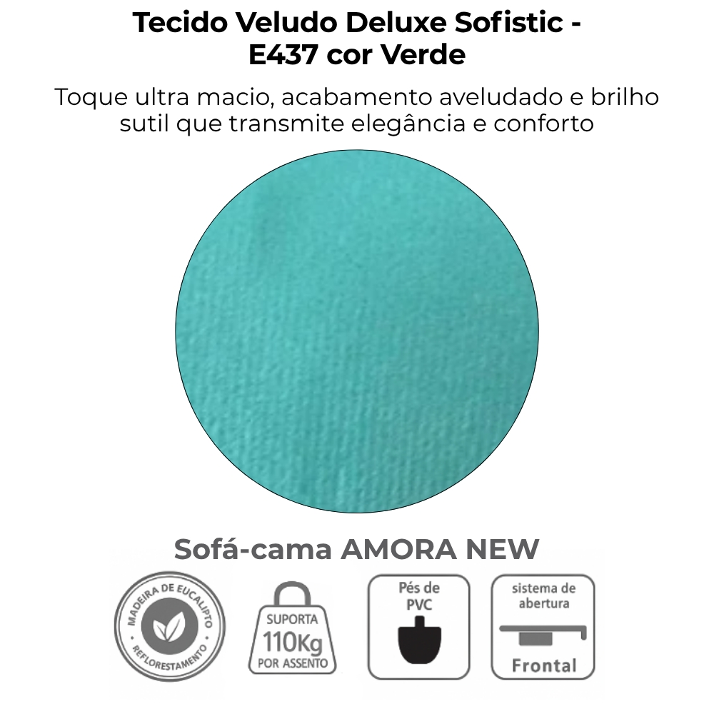 Sofa Cama 2 Lugares 138 cm Amora Veludo Deluxe Sofistic Verde Milani Store