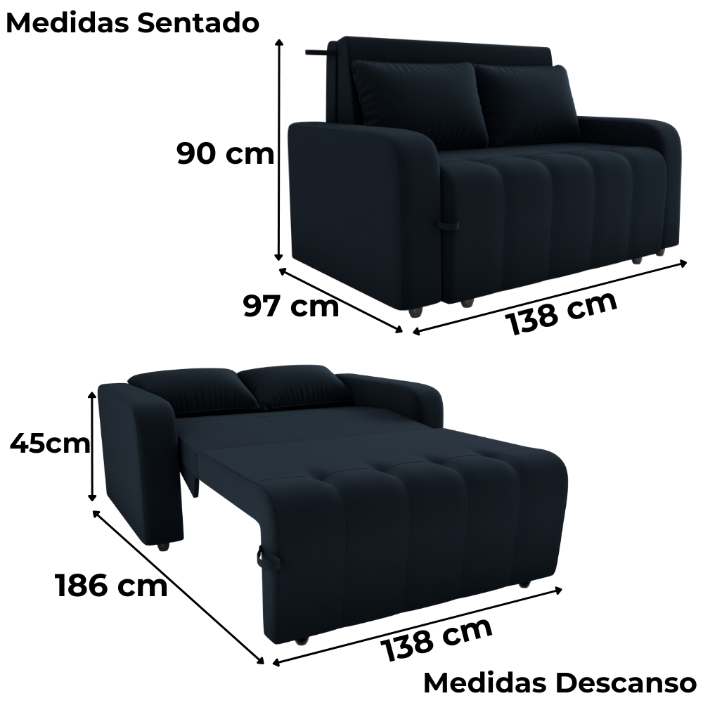 Sofa Cama 2 Lugares 138 cm Amora Veludo Inca E451 Preto Milani Store