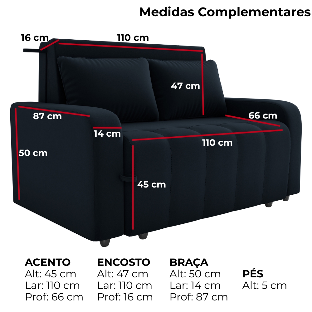 Sofa Cama 2 Lugares 138 cm Amora Veludo Inca E451 Preto Milani Store