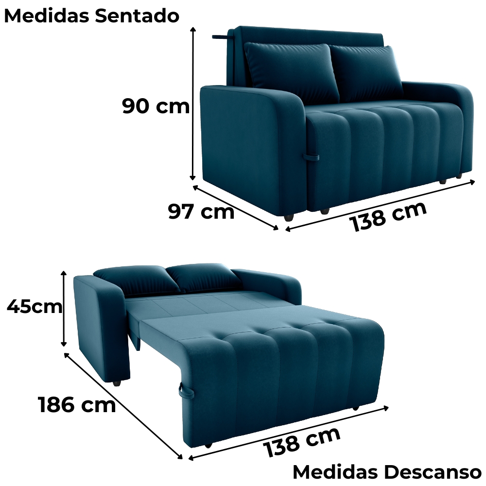 Sofa Cama 2 Lugares 138 cm Amora Veludo Maserati Azul Milani Store