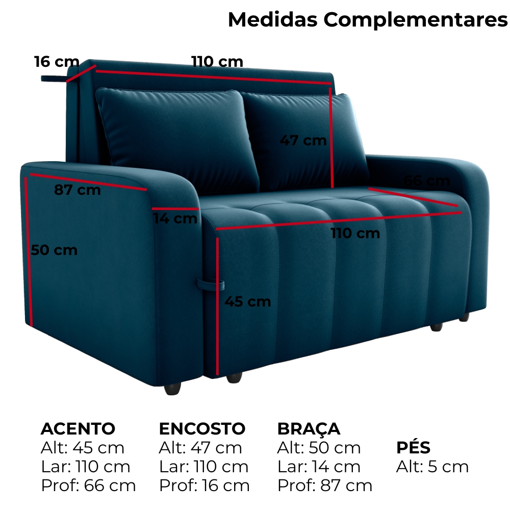 Sofa Cama 2 Lugares 138 cm Amora Veludo Maserati Azul Milani Store