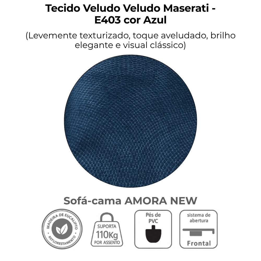 Sofa Cama 2 Lugares 138 cm Amora Veludo Maserati Azul Milani Store