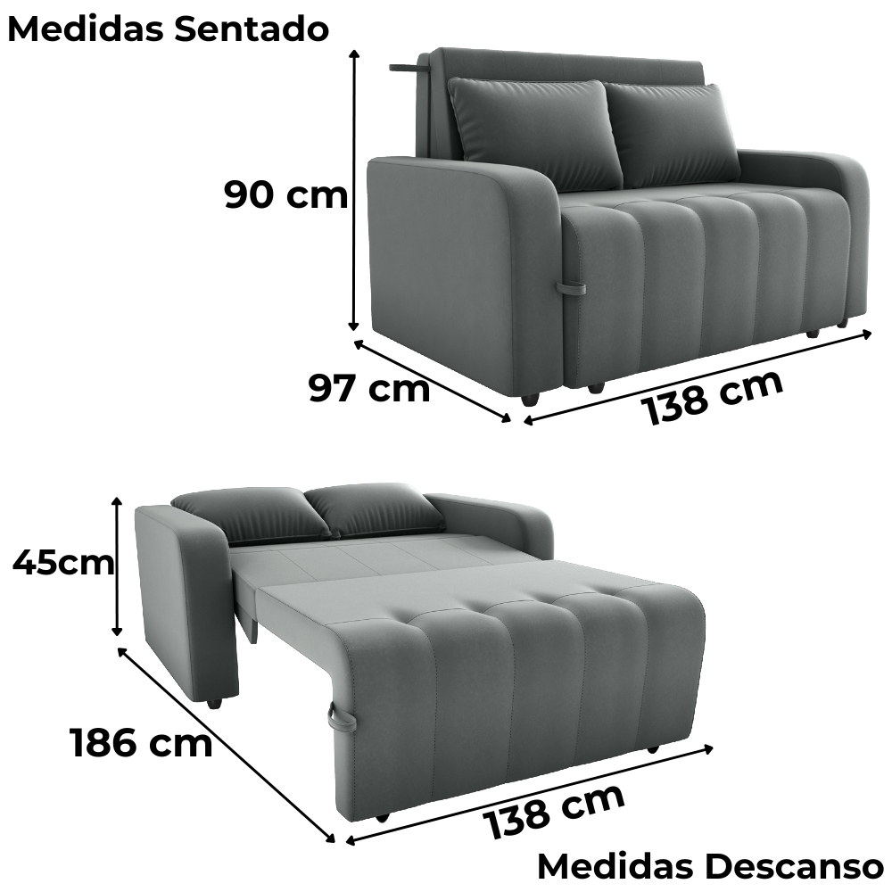 Sofa Cama 2 Lugares 138 cm Amora Veludo Maserati Chumbo Milani Store