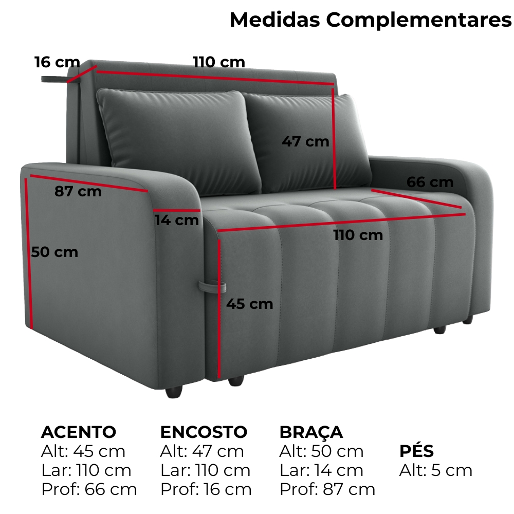Sofa Cama 2 Lugares 138 cm Amora Veludo Maserati Chumbo Milani Store