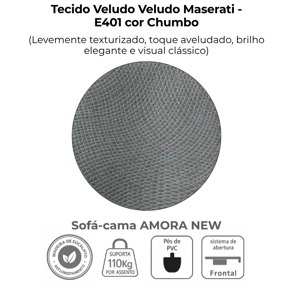 Sofa Cama 2 Lugares 138 cm Amora Veludo Maserati Chumbo Milani Store