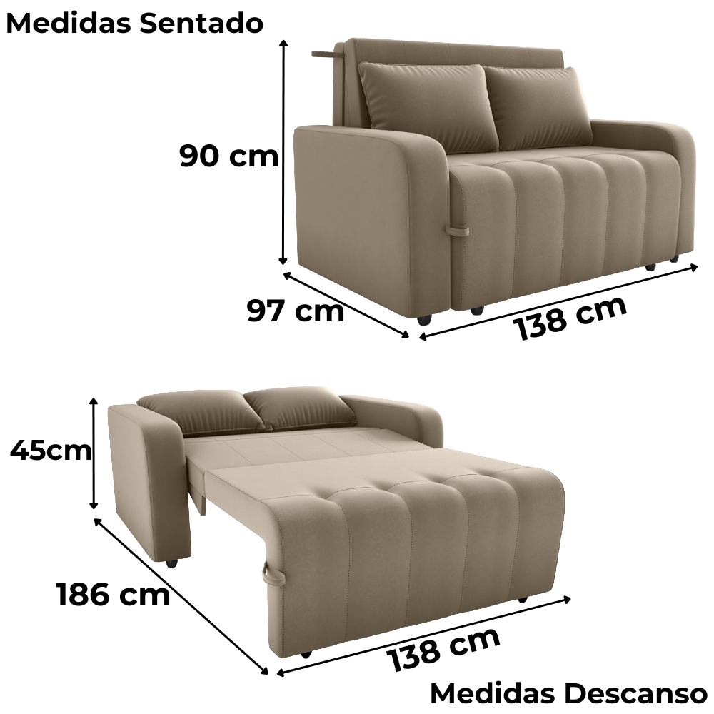 Sofa Cama 2 Lugares 138 cm Amora Veludo Maserati Marrom Claro Milani Store