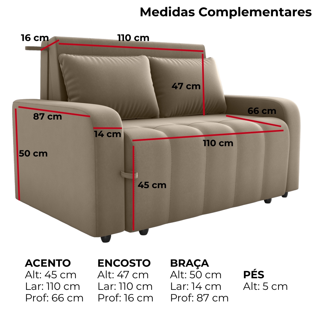 Sofa Cama 2 Lugares 138 cm Amora Veludo Maserati Marrom Claro Milani Store