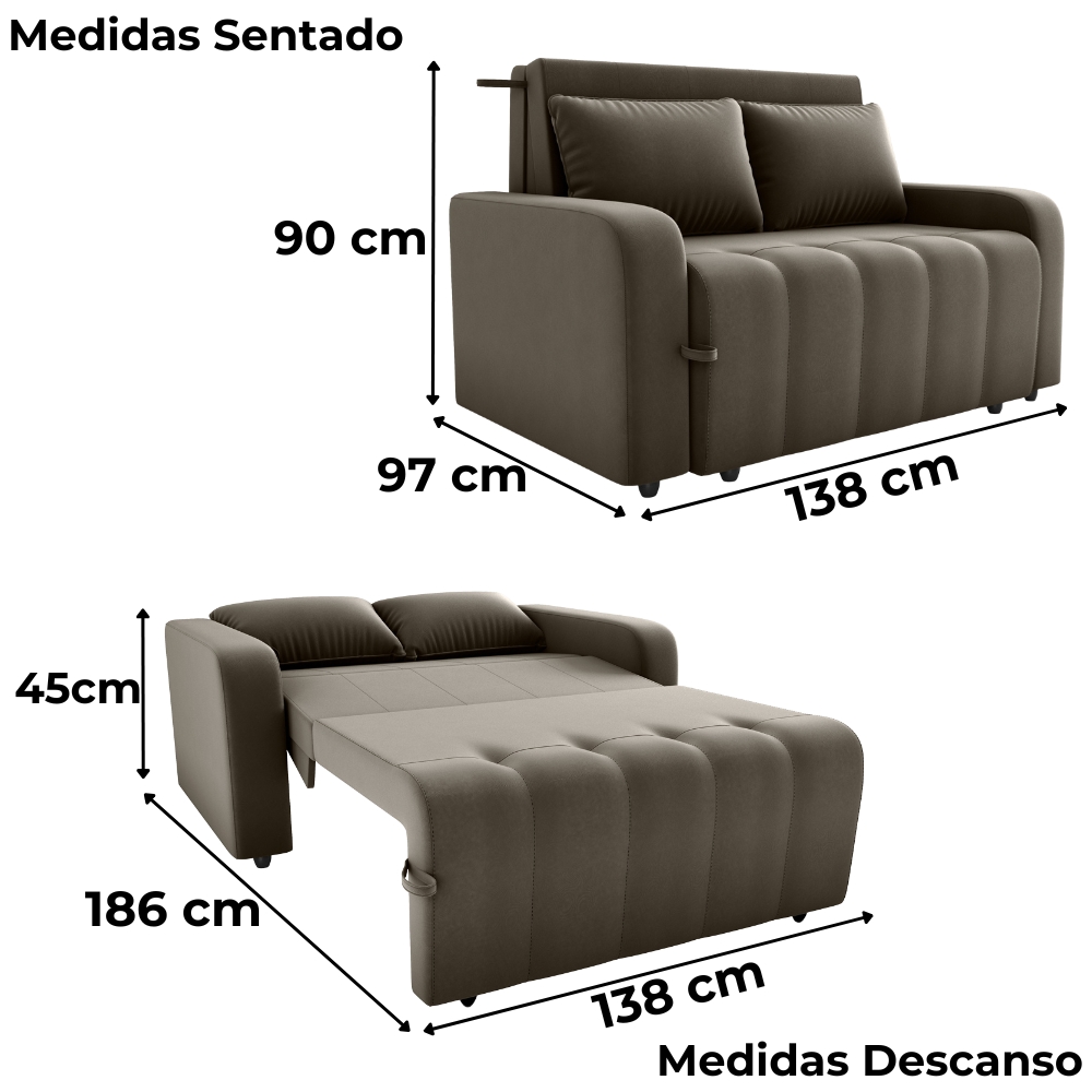 Sofa Cama 2 Lugares 138 cm Amora Veludo Maserati Marrom Milani Store