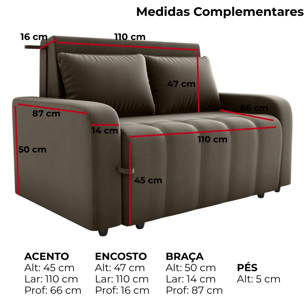 Sofa Cama 2 Lugares 138 cm Amora Veludo Maserati Marrom Milani Store