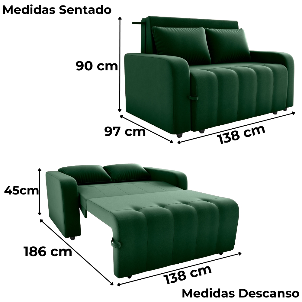 Sofa Cama 2 Lugares 138 cm Amora Veludo Maserati Verde Milani Store