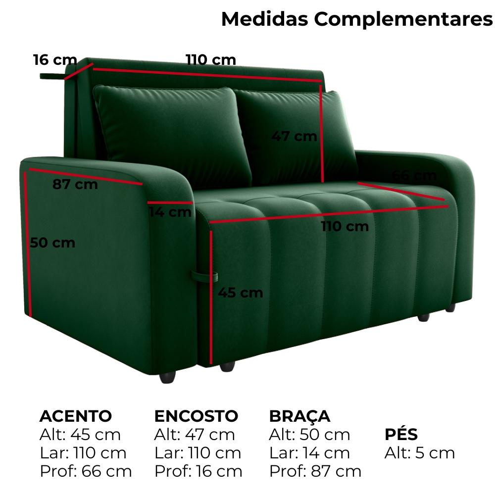 Sofa Cama 2 Lugares 138 cm Amora Veludo Maserati Verde Milani Store