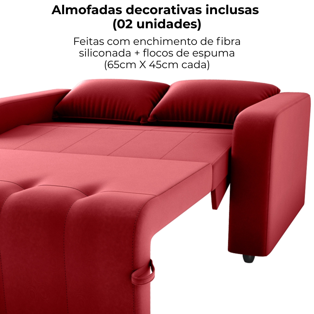 Sofa Cama 2 Lugares 138 cm Amora Veludo Maserati Vermelho Milani Store