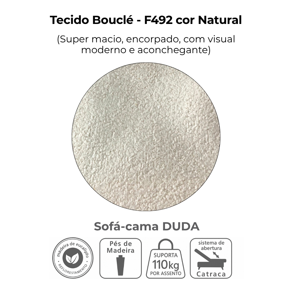 Sofa Cama 2 Lugares 185 cm Duda Tecido Boucle F492 Natural Milani Store