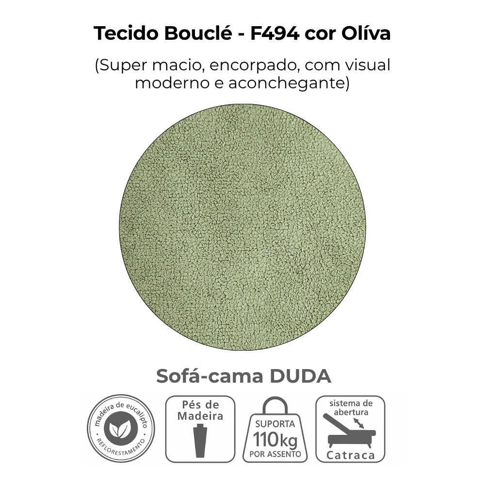 Sofa Cama 2 Lugares 185 cm Duda Tecido Boucle F494 Oliva Milani Store