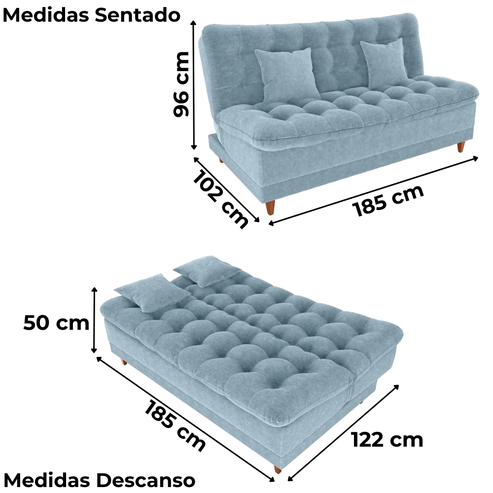Sofa Cama 2 Lugares 185 cm Duda Tecido Boucle F495 Azul Milani Store