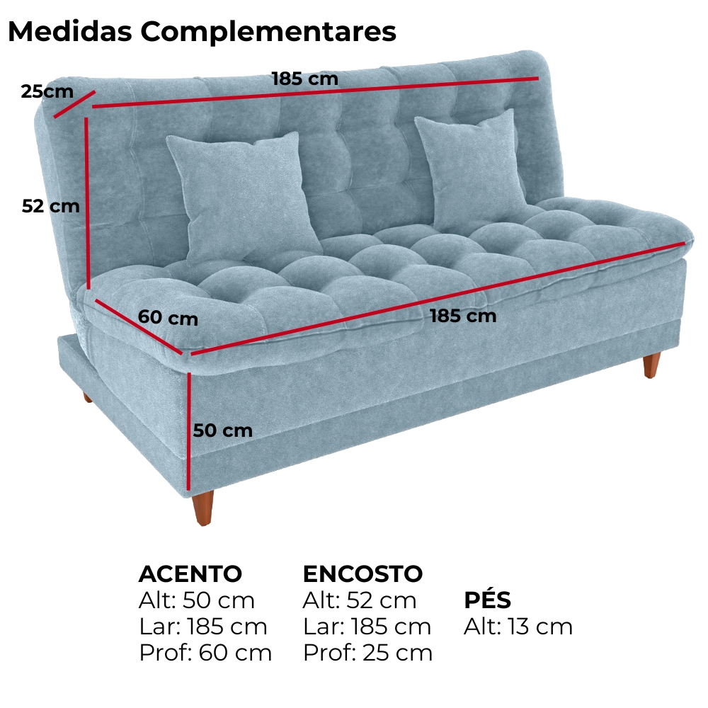 Sofa Cama 2 Lugares 185 cm Duda Tecido Boucle F495 Azul Milani Store