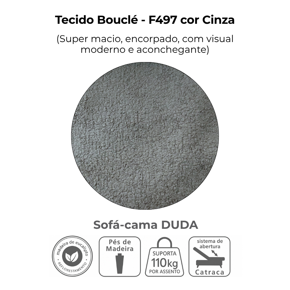 Sofa Cama 2 Lugares 185 cm Duda Tecido Boucle F497 Cinza Milani Store