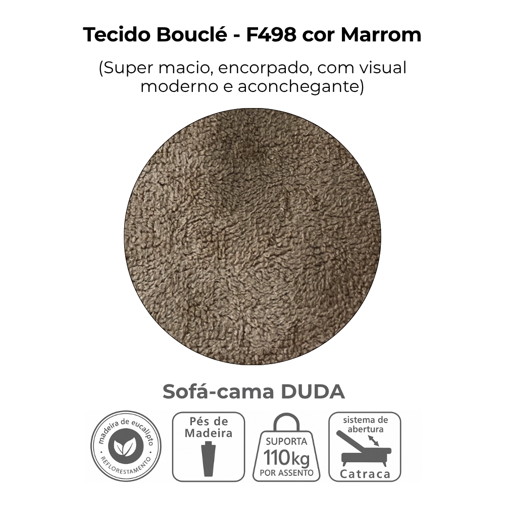 Sofa Cama 2 Lugares 185 cm Duda Tecido Boucle F498 Marrom Milani Store