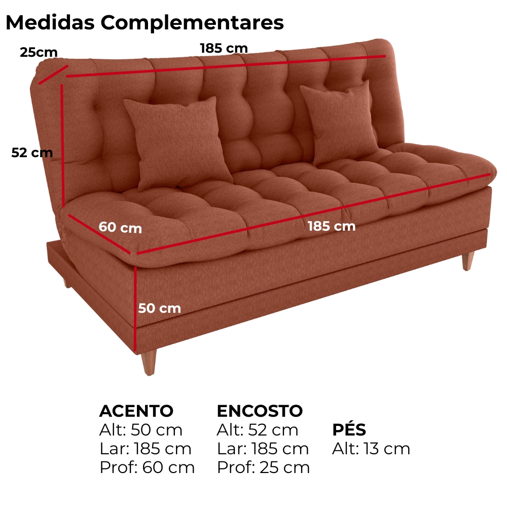 Sofa Cama 2 Lugares 185 cm Duda Tecido Pompeia G500 Terracota Milani Store