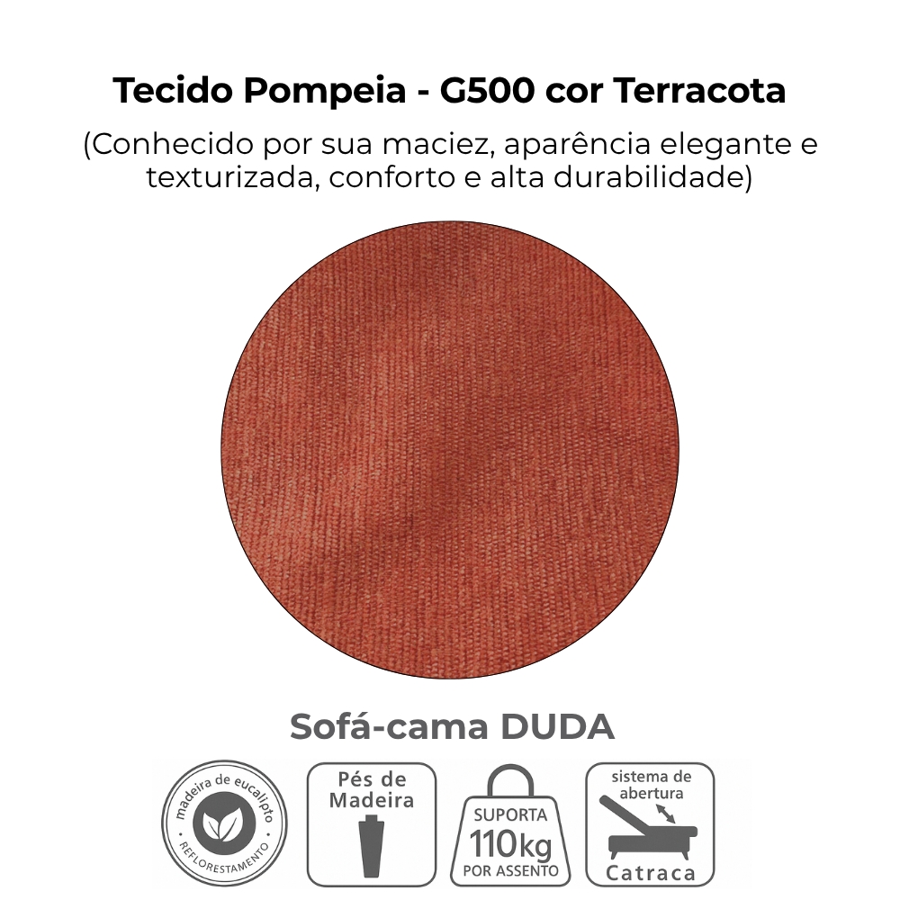 Sofa Cama 2 Lugares 185 cm Duda Tecido Pompeia G500 Terracota Milani Store