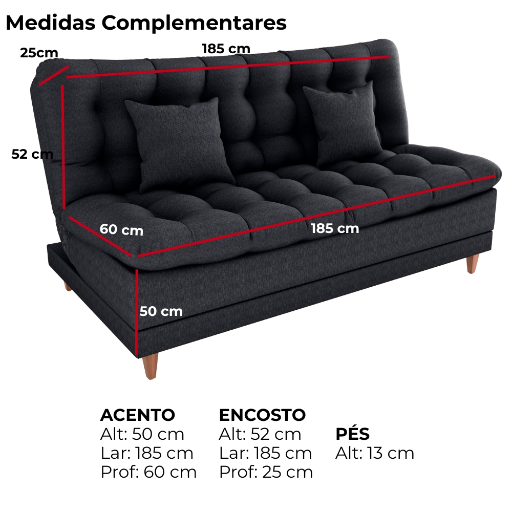 Sofa Cama 2 Lugares 185 cm Duda Tecido Pompeia G501 Chumbo Milani Store