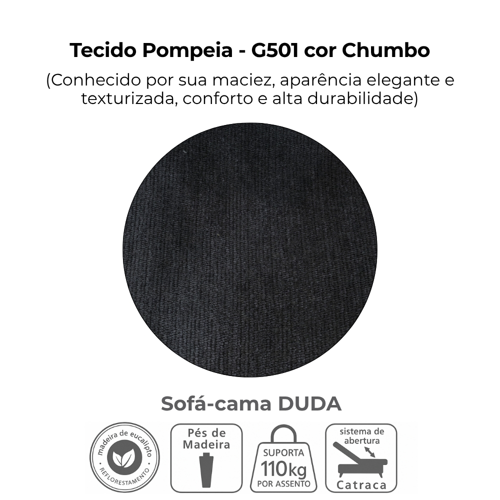 Sofa Cama 2 Lugares 185 cm Duda Tecido Pompeia G501 Chumbo Milani Store