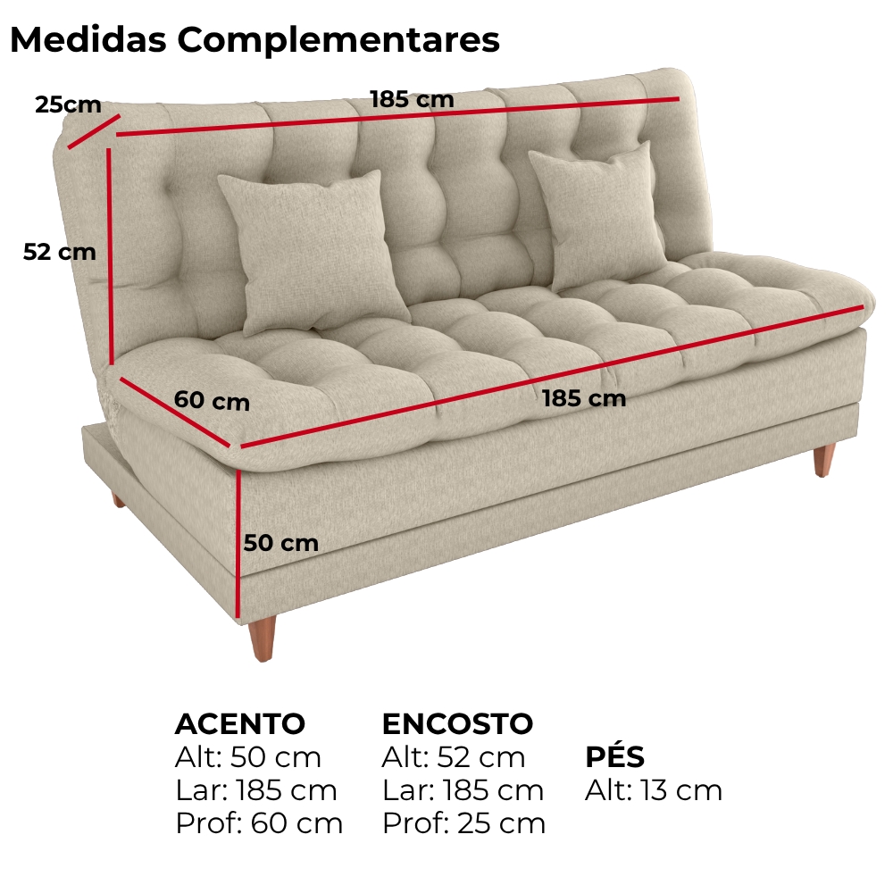 Sofa Cama 2 Lugares 185 cm Duda Tecido Pompeia G504 Bege Milani Store
