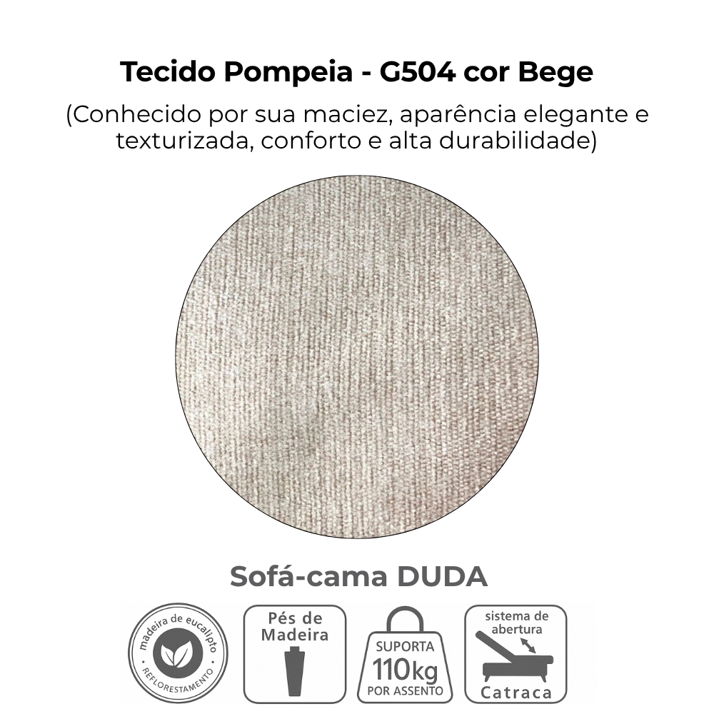Sofa Cama 2 Lugares 185 cm Duda Tecido Pompeia G504 Bege Milani Store