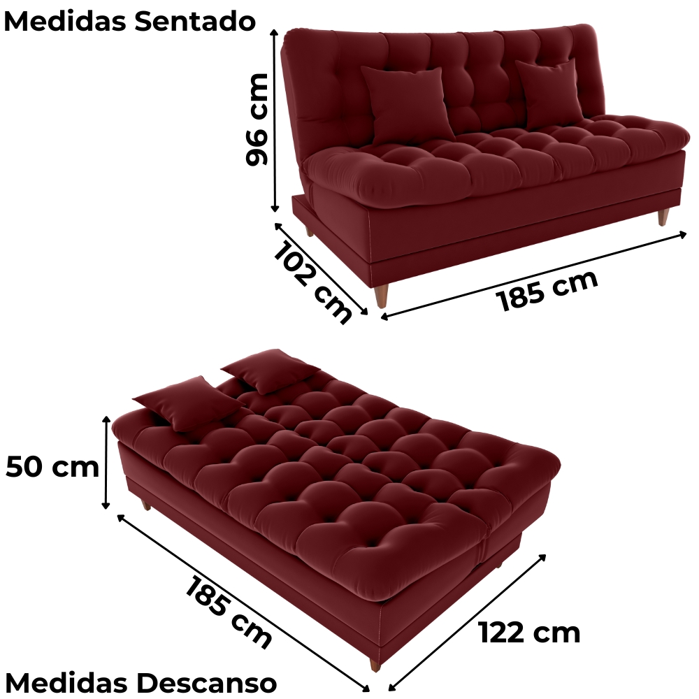 Sofa Cama 2 Lugares 185 cm Duda Veludo E432 Vermelho Milani Store