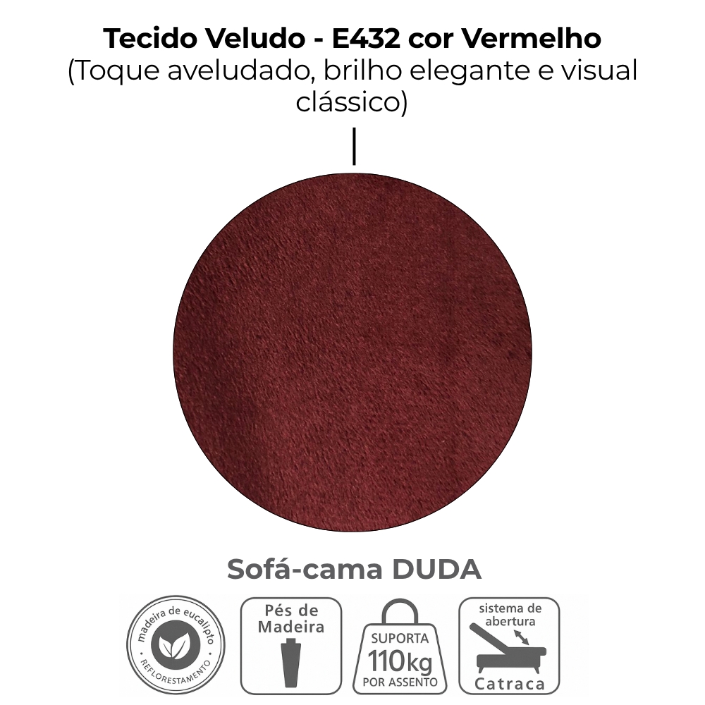 Sofa Cama 2 Lugares 185 cm Duda Veludo E432 Vermelho Milani Store