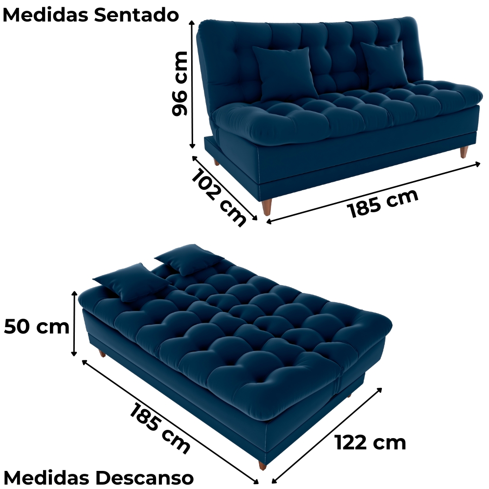 Sofa Cama 2 Lugares 185 cm Duda Veludo E433 Azul Milani Store