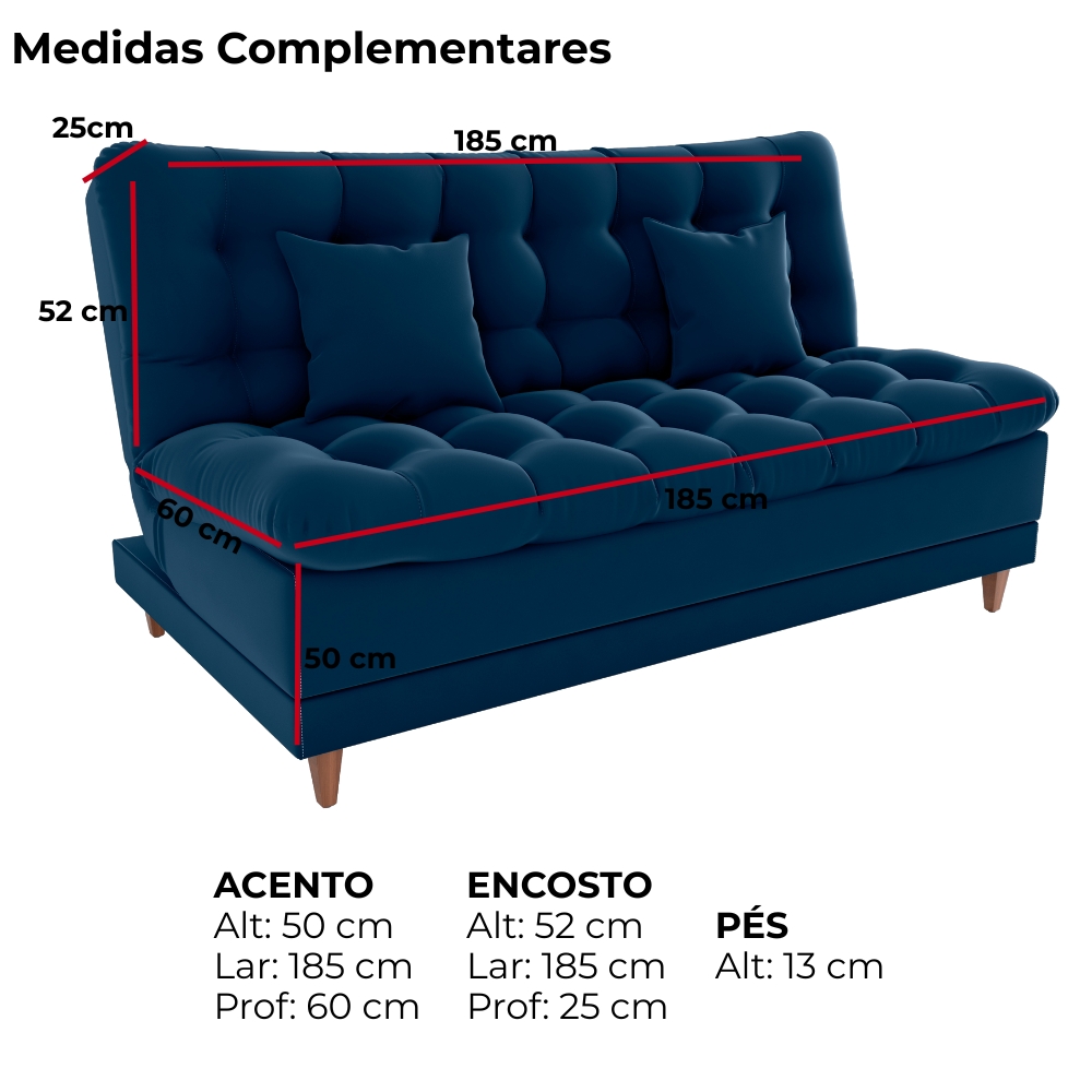 Sofa Cama 2 Lugares 185 cm Duda Veludo E433 Azul Milani Store