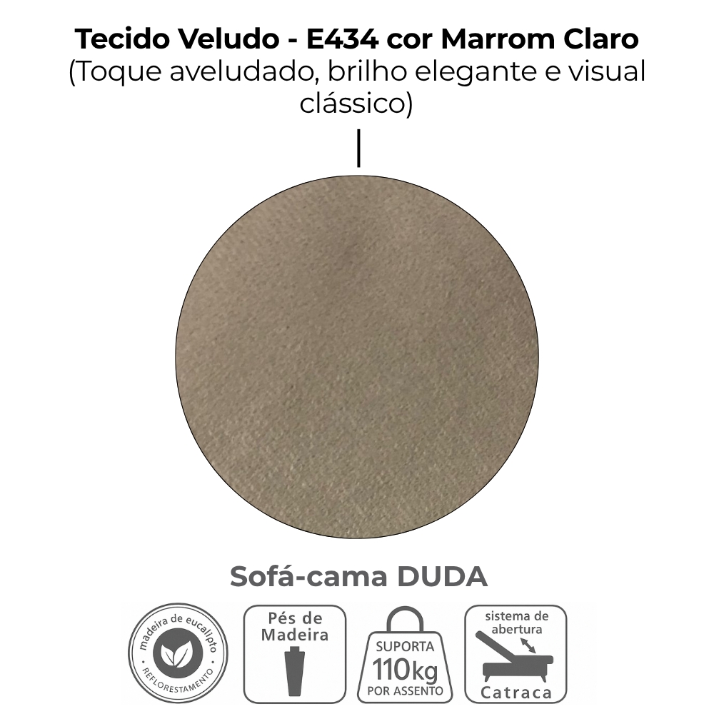 Sofa Cama 2 Lugares 185 cm Duda Veludo E434 Marrom Claro Milani Store