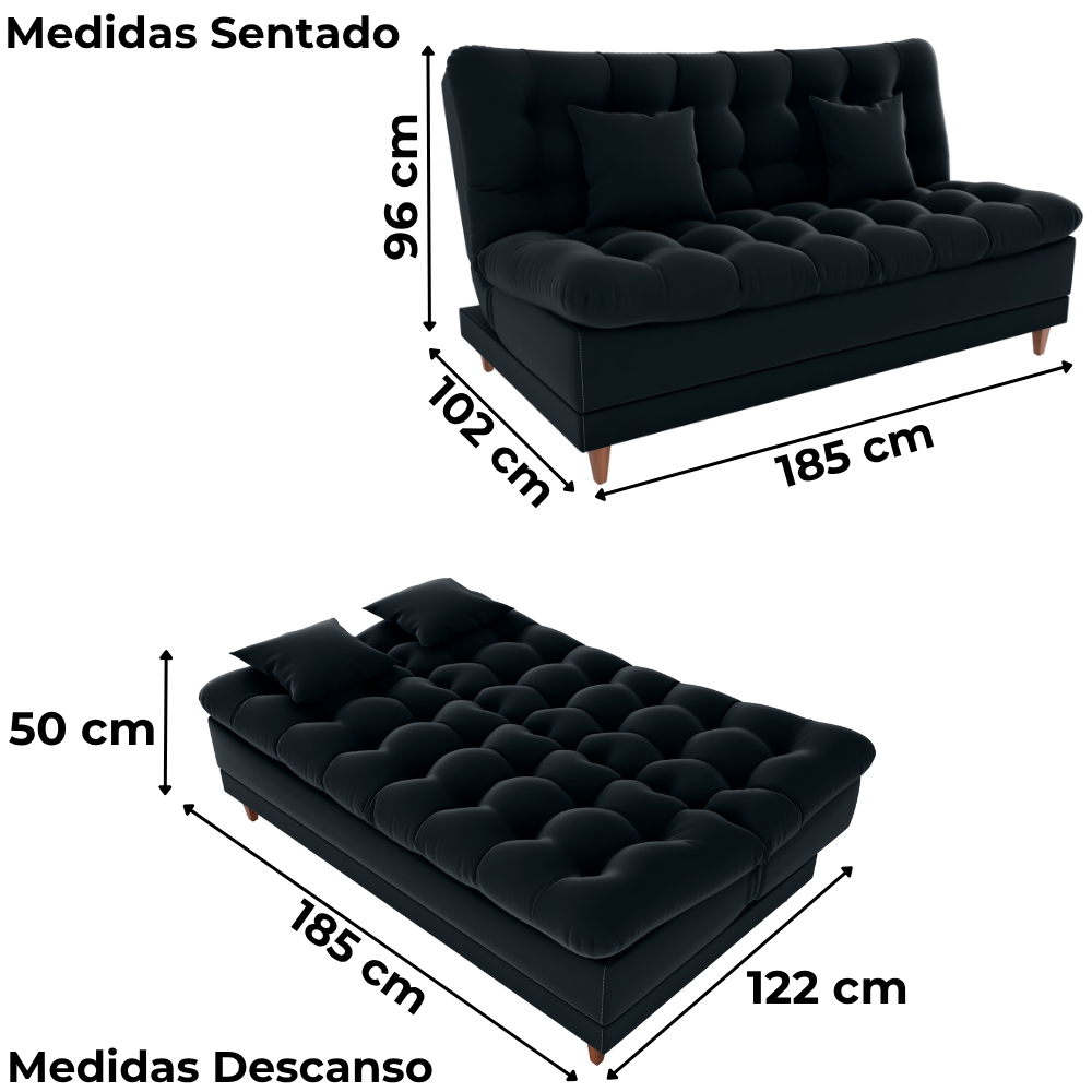 Sofa Cama 2 Lugares 185 cm Duda Veludo Inca E451 Preto Milani Store
