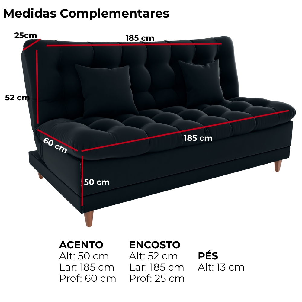 Sofa Cama 2 Lugares 185 cm Duda Veludo Inca E451 Preto Milani Store