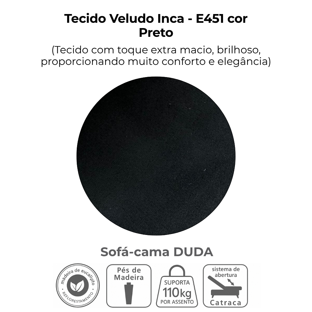 Sofa Cama 2 Lugares 185 cm Duda Veludo Inca E451 Preto Milani Store