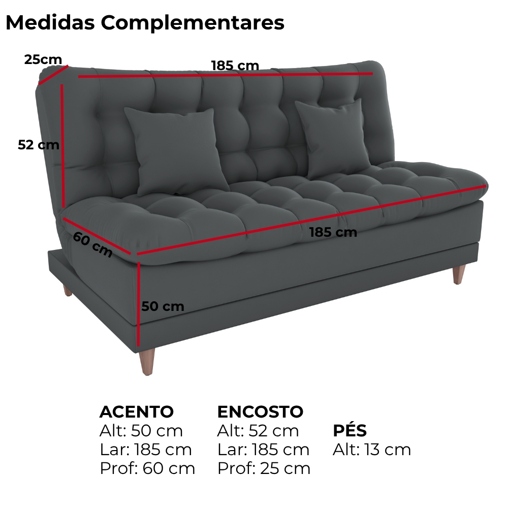 Sofa Cama 2 Lugares 185 cm Duda Veludo Light B250 Cinza Milani Store