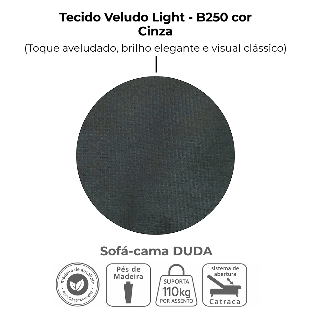 Sofa Cama 2 Lugares 185 cm Duda Veludo Light B250 Cinza Milani Store