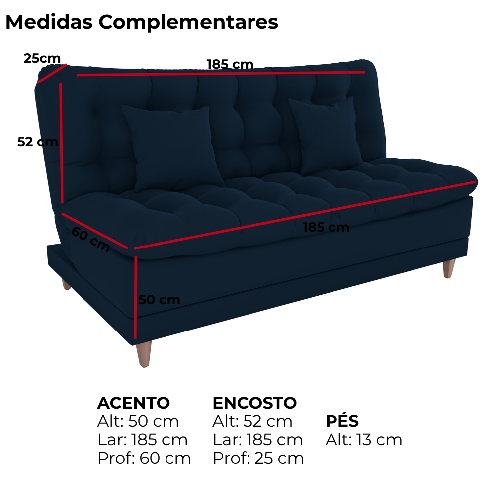 Sofa Cama 2 Lugares 185 cm Duda Veludo Light B254 Azul Milani Store