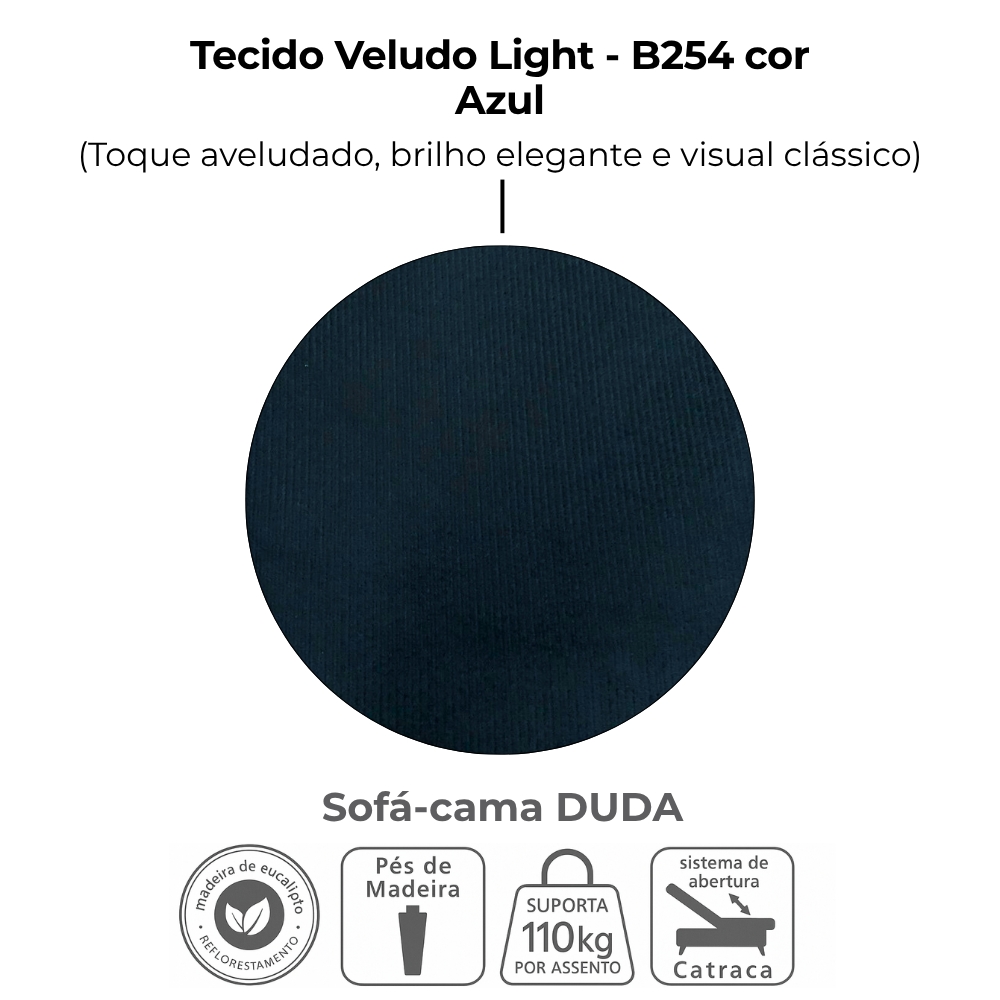 Sofa Cama 2 Lugares 185 cm Duda Veludo Light B254 Azul Milani Store