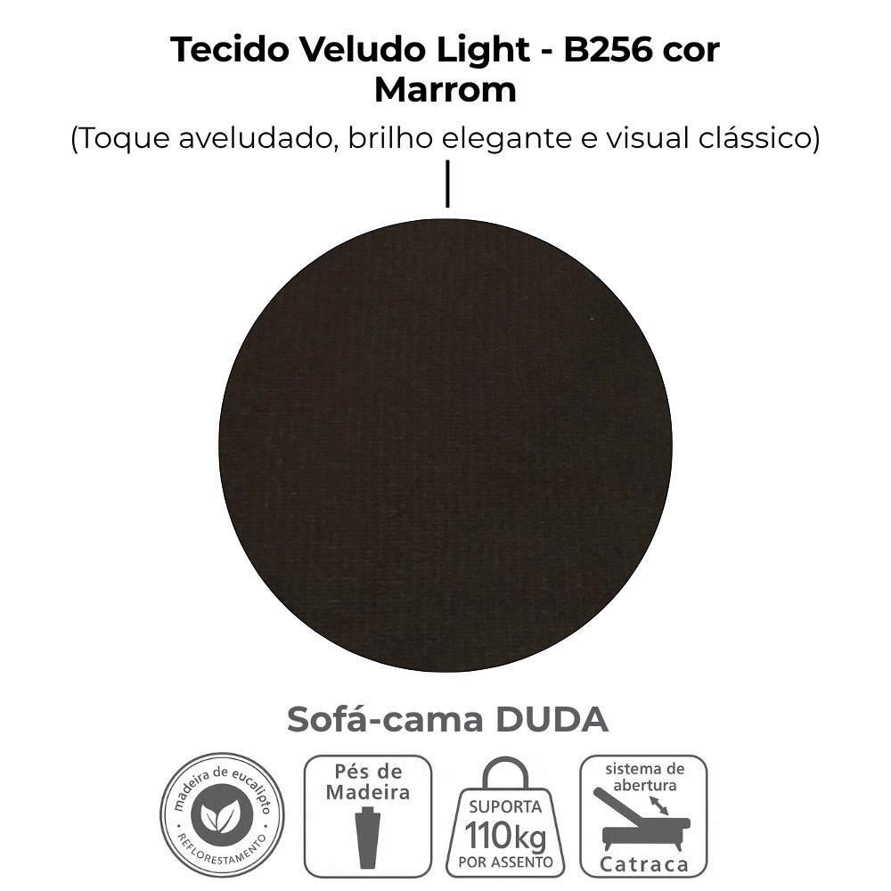 Sofa Cama 2 Lugares 185 cm Duda Veludo Light B255 Marrom Milani Store