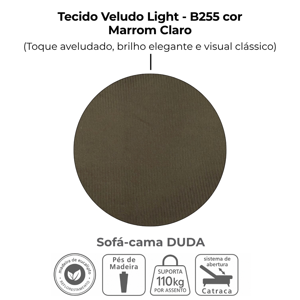 Sofa Cama 2 Lugares 185 cm Duda Veludo Light B256 Marrom Claro Milani Store