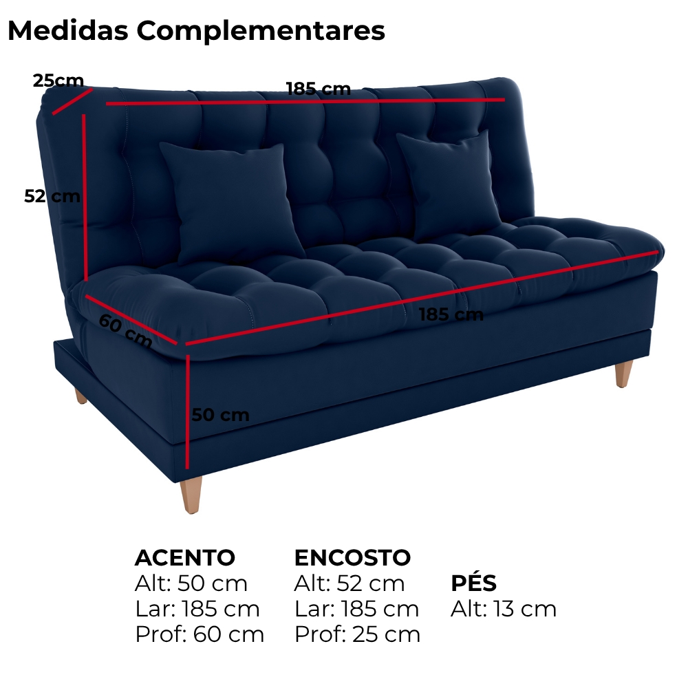 Sofa Cama 2 Lugares 185 cm Duda Veludo Maserati Azul Milani Store