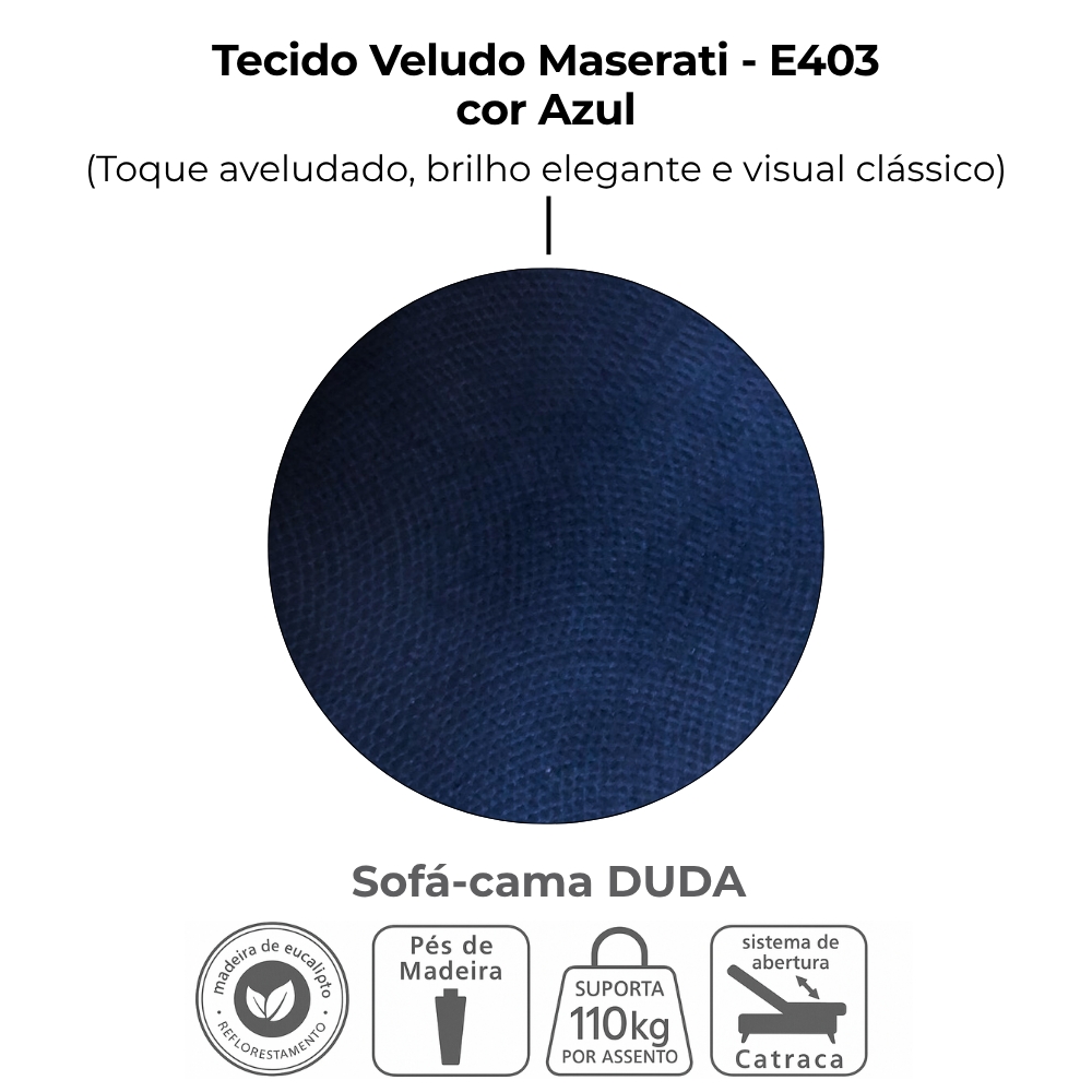 Sofa Cama 2 Lugares 185 cm Duda Veludo Maserati Azul Milani Store