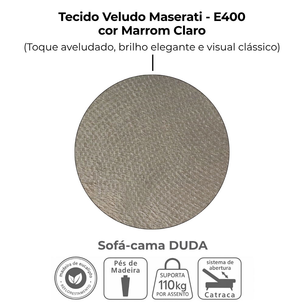 Sofa Cama 2 Lugares 185 cm Duda Veludo Maserati Marrom Claro Milani Store