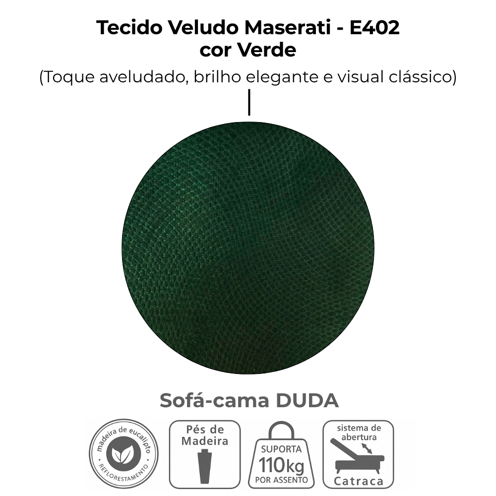 Sofa Cama 2 Lugares 185 cm Duda Veludo Maserati Verde Milani Store