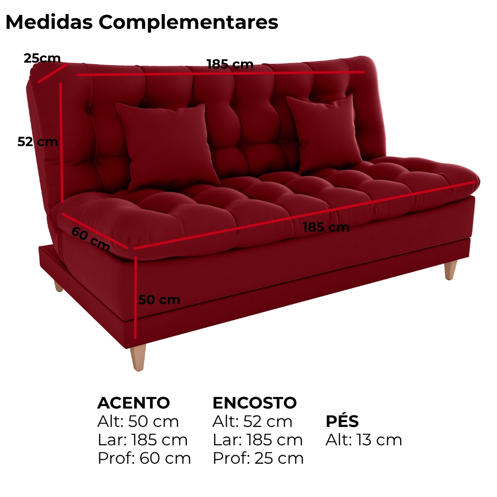 Sofa Cama 2 Lugares 185 cm Duda Veludo Maserati Vermelho Milani Store