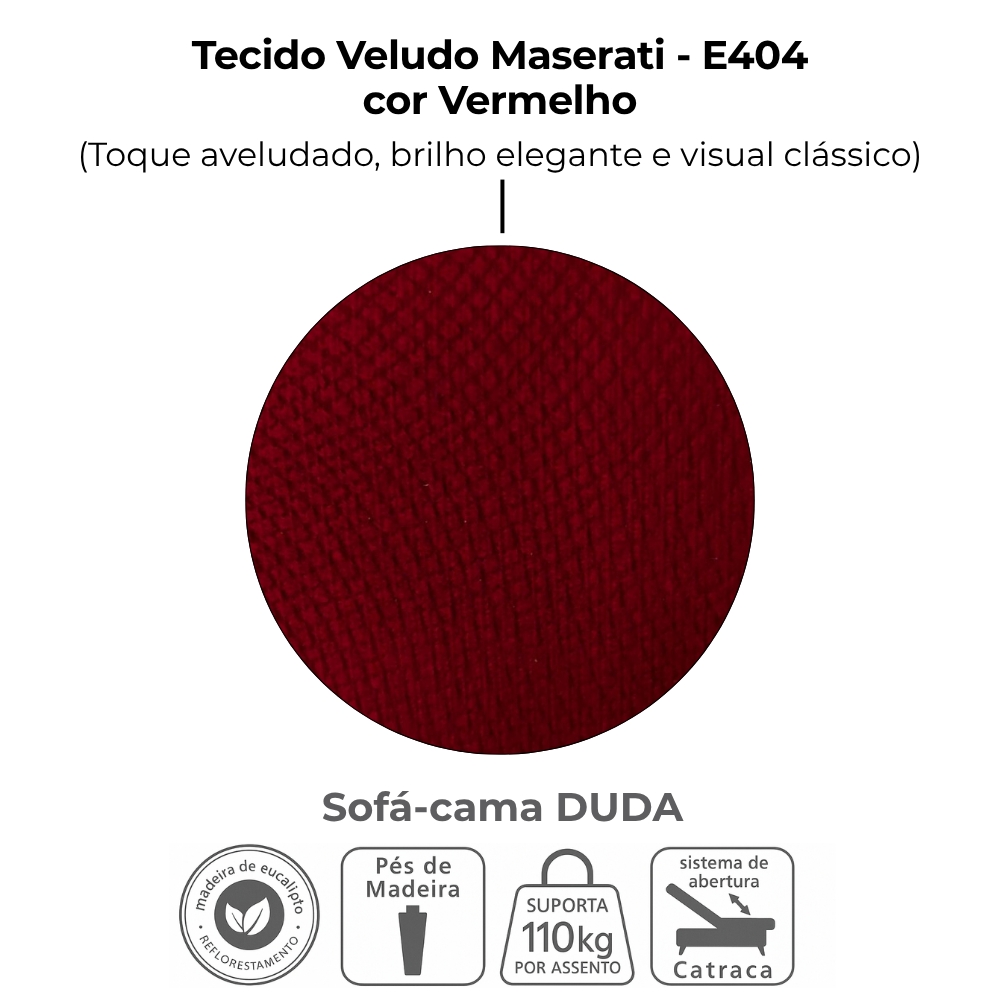 Sofa Cama 2 Lugares 185 cm Duda Veludo Maserati Vermelho Milani Store