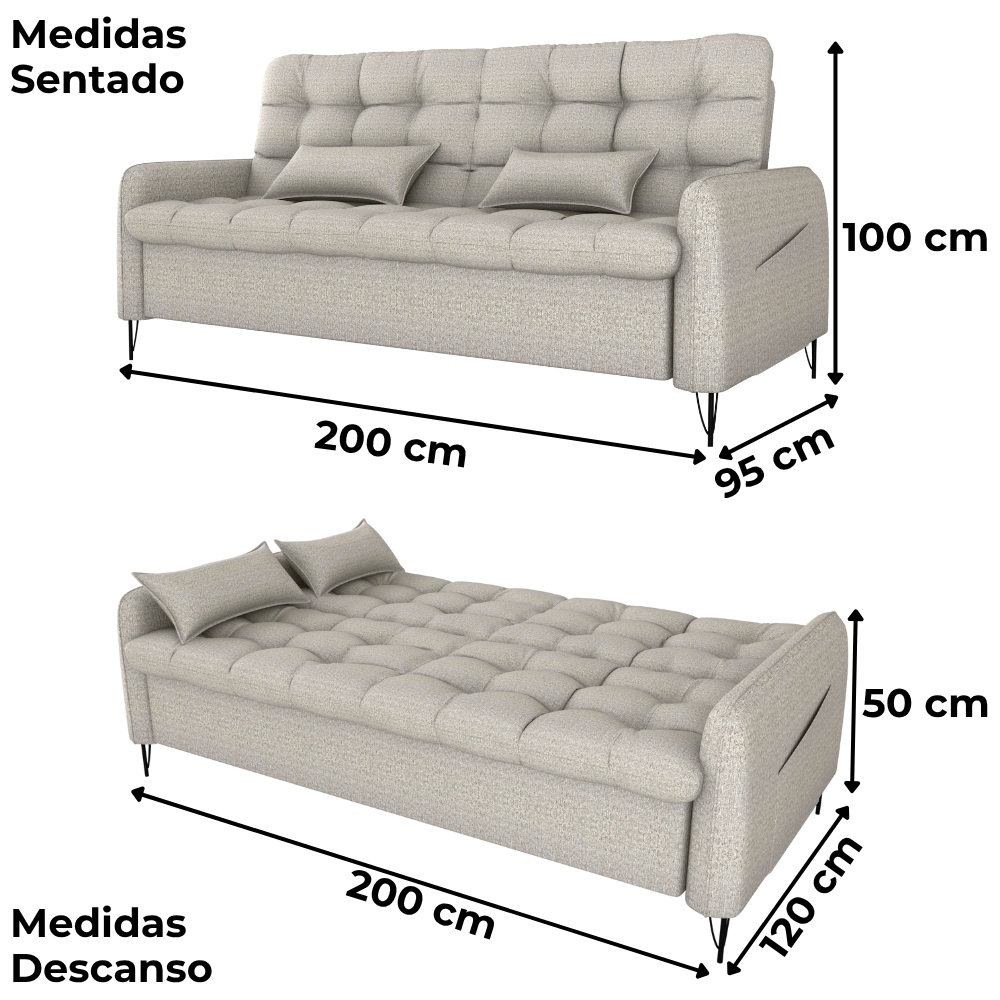 Sofa Cama 2 Lugares 200cm Pillar Linho Plano Milenum Palha Milani Store
