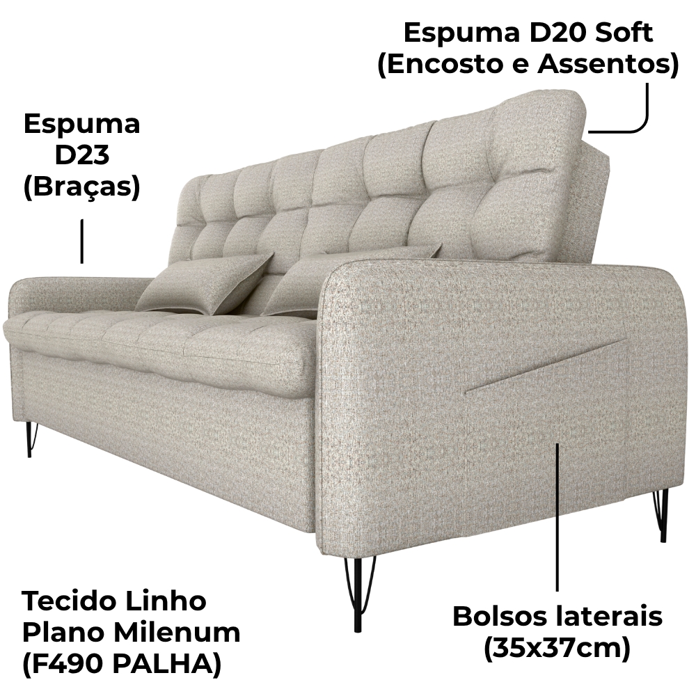 Sofa Cama 2 Lugares 200cm Pillar Linho Plano Milenum Palha Milani Store